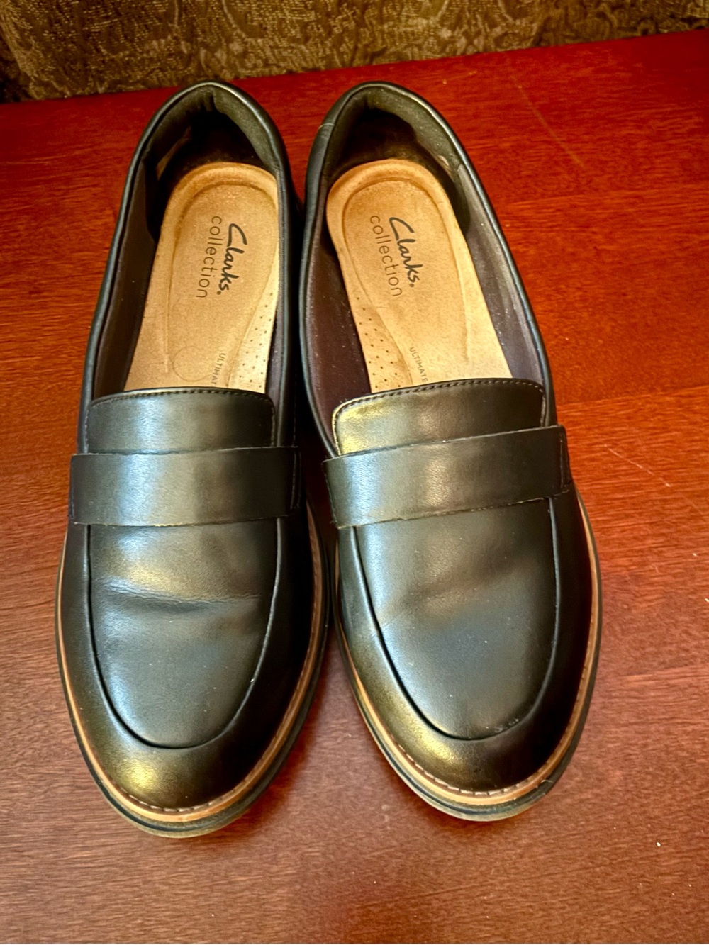 Clarks Black Leather “Sharon Gracie” Penny Loafers for Women, size 9W